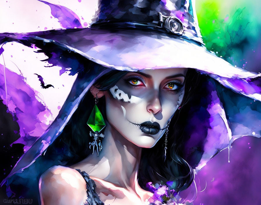 Vibrant witch portrait with wide-brimmed hat and skull face paint