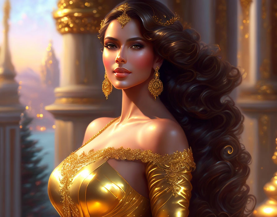 Illustrated woman with long wavy hair in ornate gold attire on opulent background