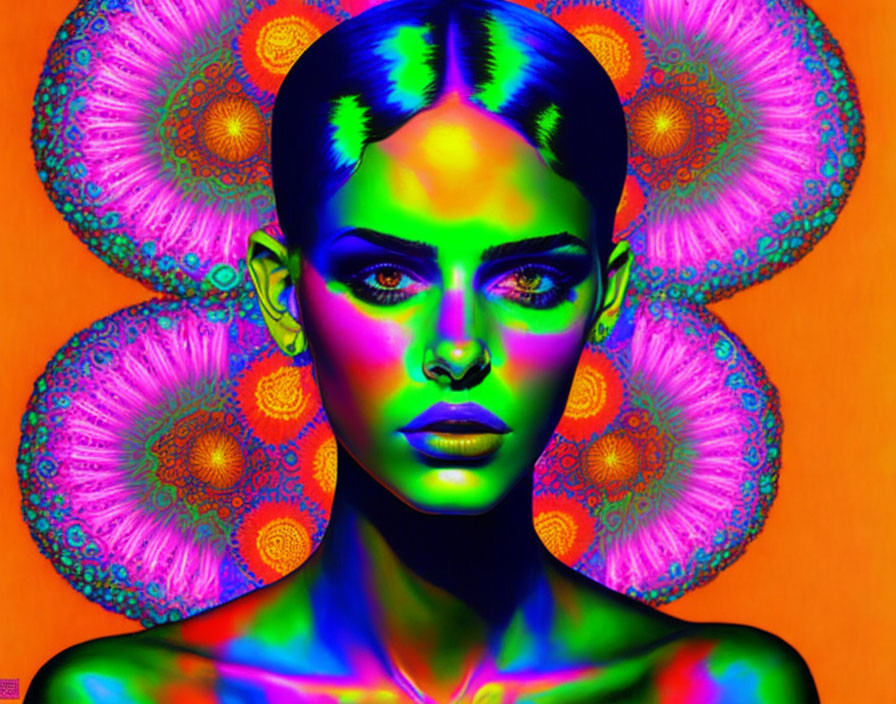 Colorful digital artwork: Woman with psychedelic colors and mandalas