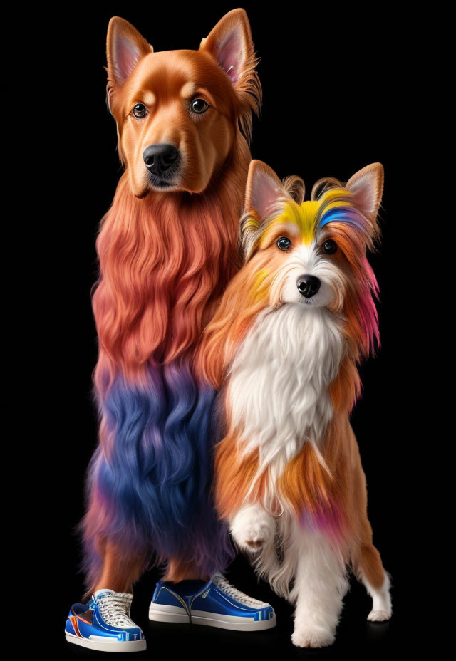 Stylized dogs with human-like features in colorful sneakers on black background