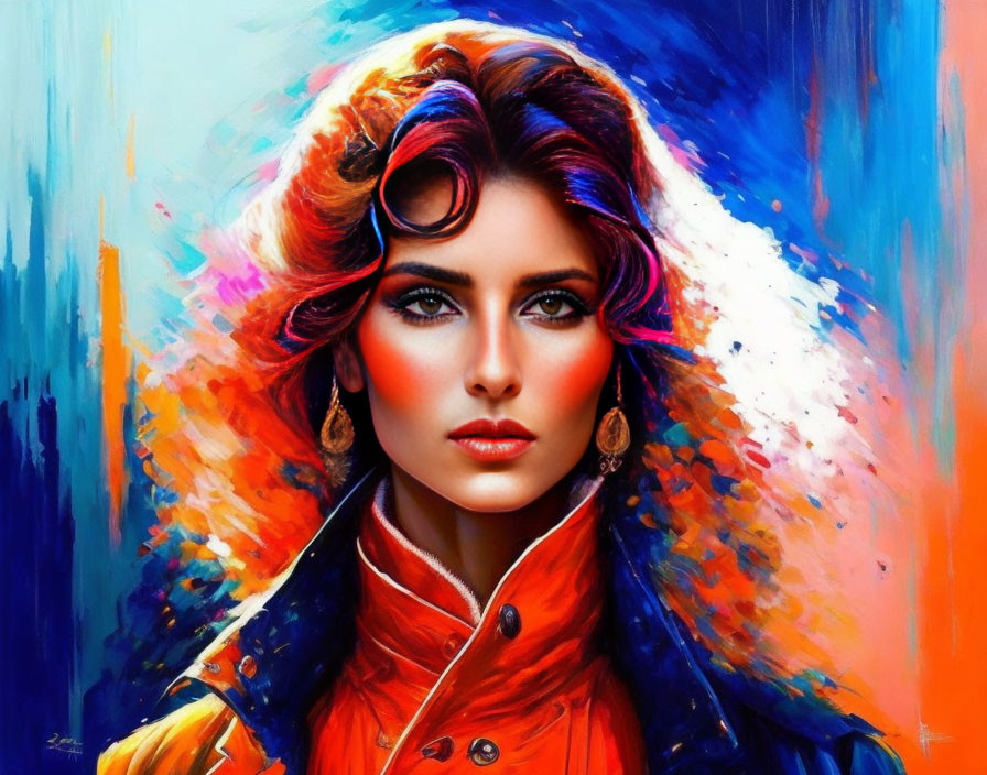 Colorful Portrait of Woman in Orange Outfit with Intense Eyes