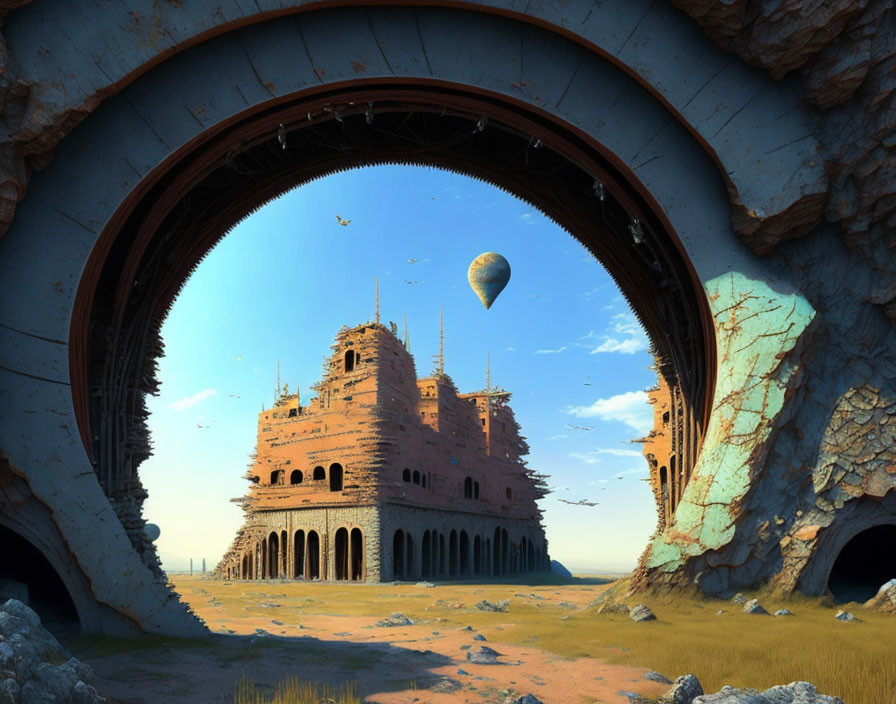 Futuristic desert landscape with circular portal, intricate building, and hot air balloon