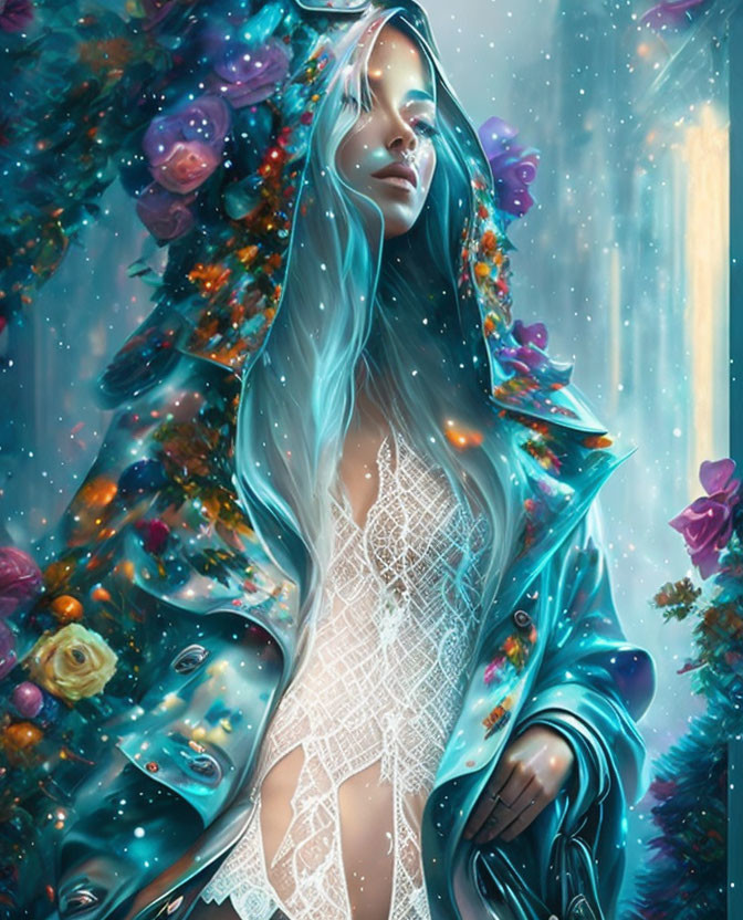 Mystical Woman with Turquoise Hair in Blue Hood and Flowers