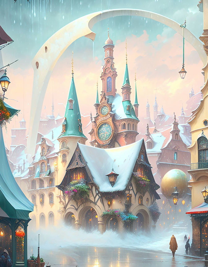 Snow-covered town with whimsical architecture and clock tower in softly glowing sky.