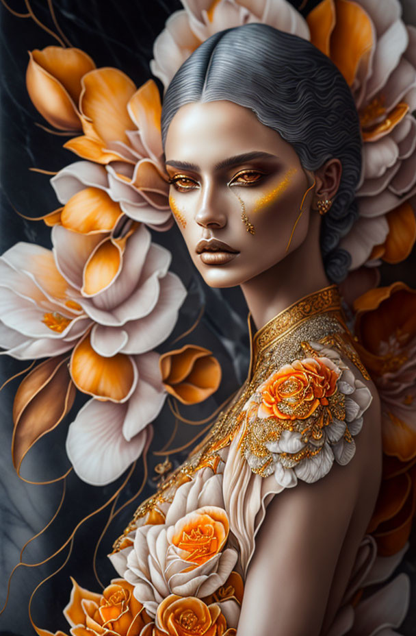 Grey-skinned woman with gold accents among orange flowers and ornate floral shoulder piece