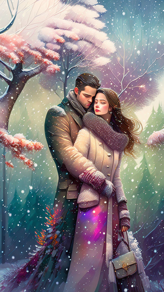 Couple embracing in snowy winter landscape with snow-covered trees