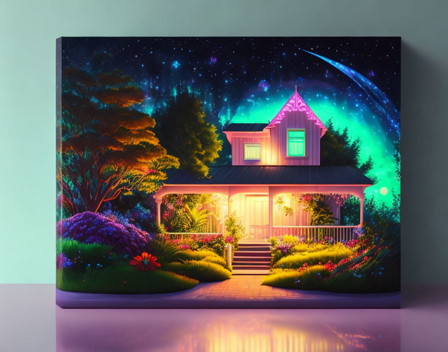 Vibrant digital painting of cozy house in starry night setting