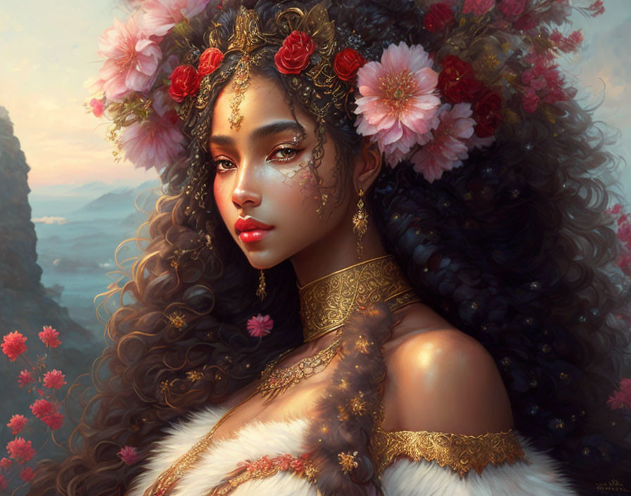 Woman with Curly Hair, Red Flowers, and Golden Jewelry in Whimsical Landscape