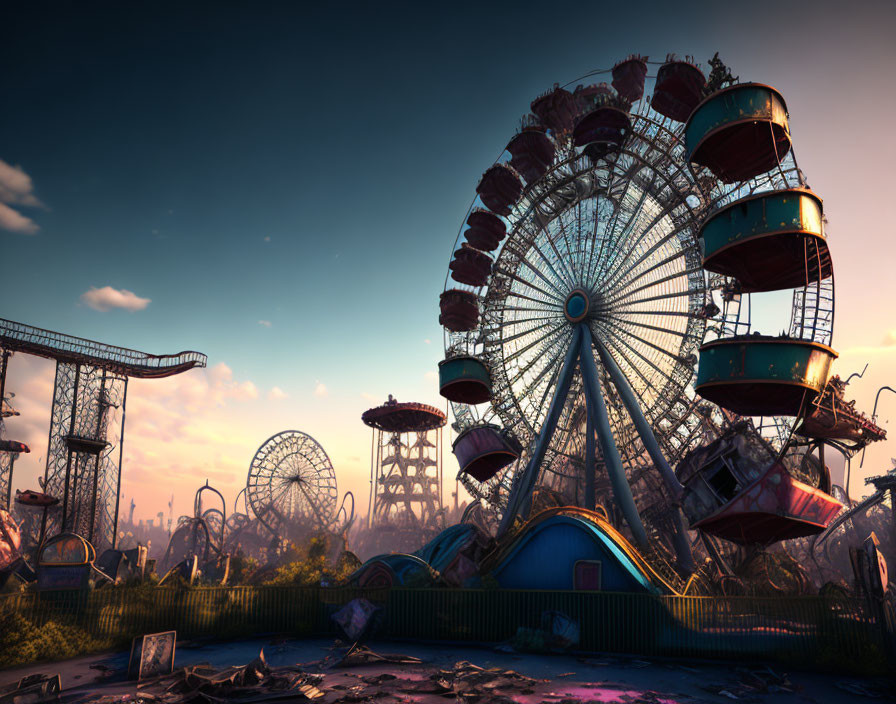 Desolate sunset scene of abandoned amusement park with rusting Ferris wheel, overgrown plants, and