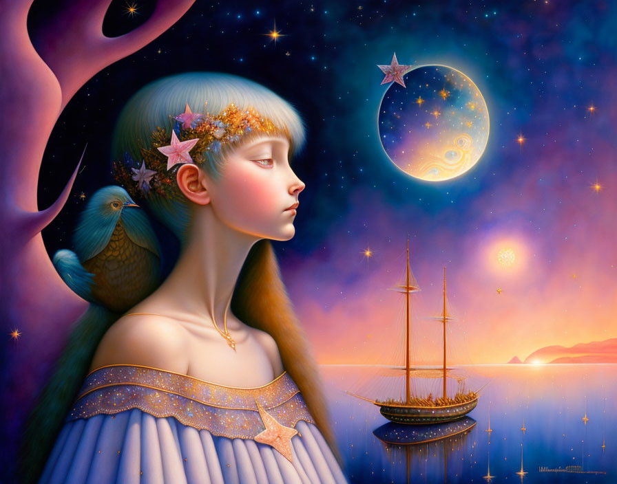 Surreal illustration of woman, bird, crescent moon, ship at sunset