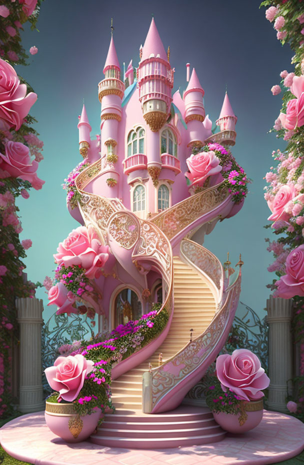 Pink fairy-tale castle with spires and roses in lush greenery