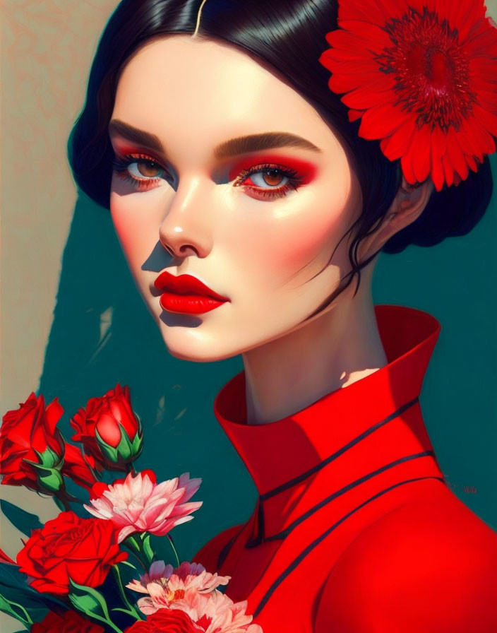 Illustration of woman with red makeup and flowers in vibrant colors