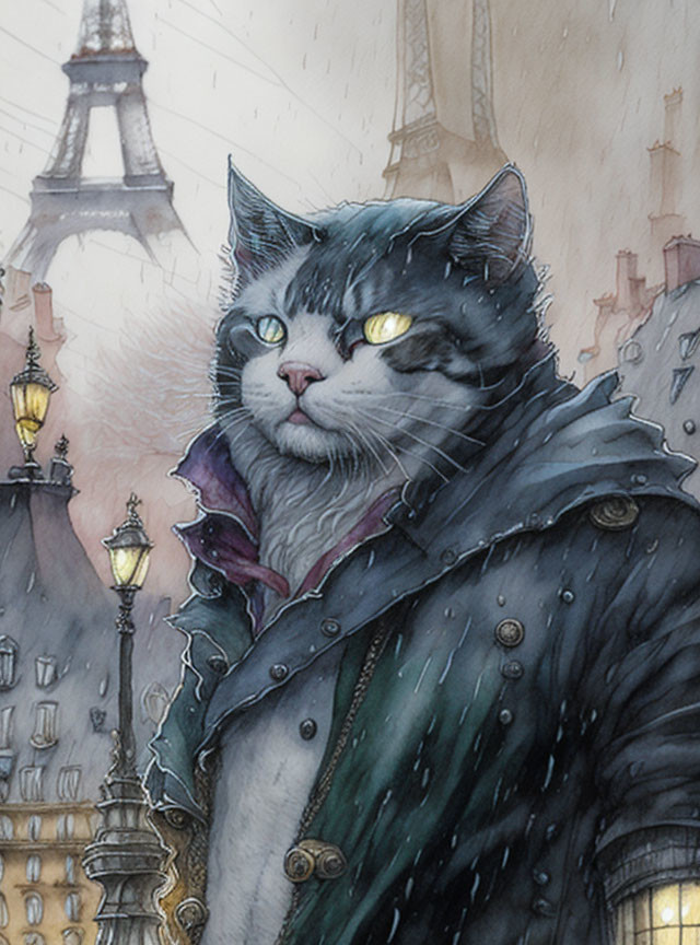 Anthropomorphic cat in coat at misty Eiffel Tower scene