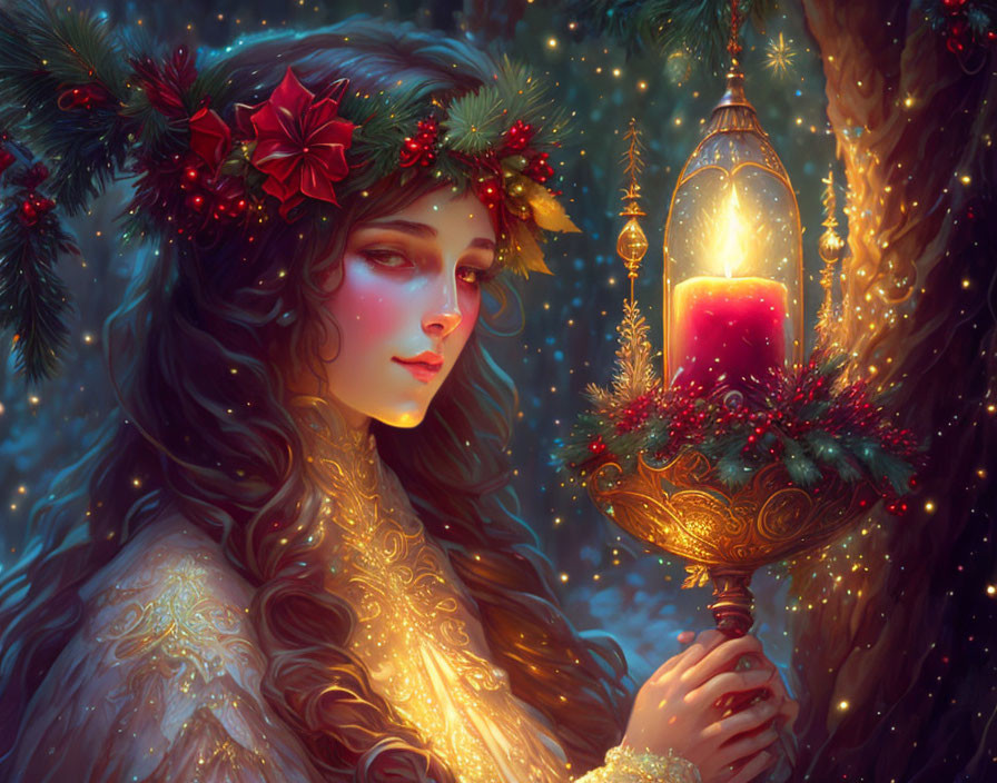 Illustrated woman with earthy-toned hair holding a festive candle lamp.