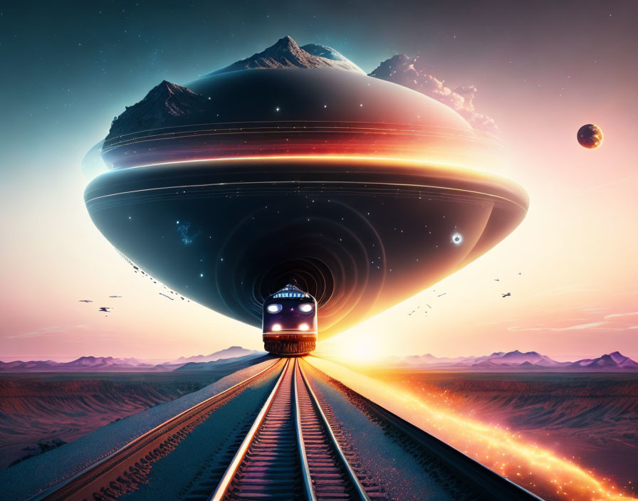 Train approaching massive ringed planet at sunset