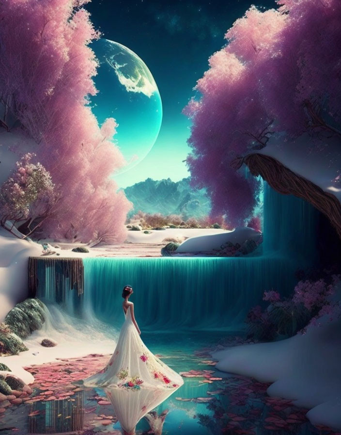 Woman in white dress by surreal blue waterfall under moonlit sky surrounded by pink foliage.