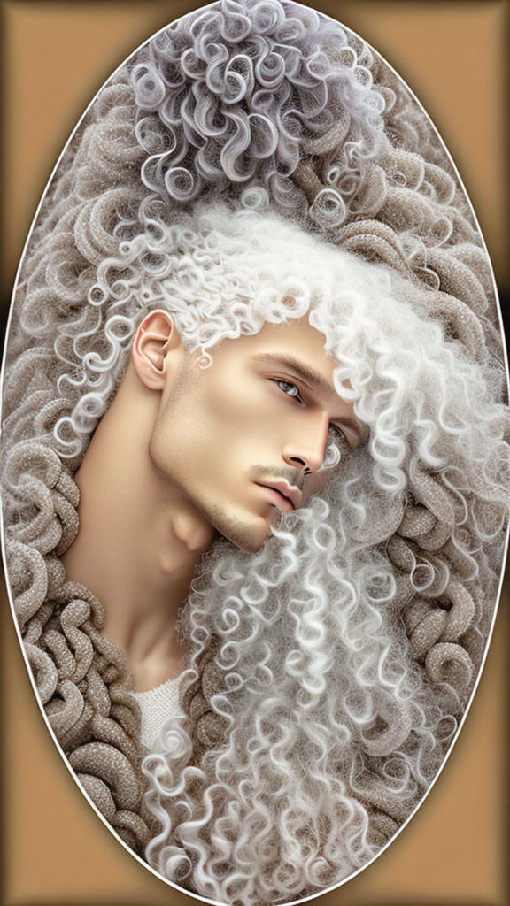 Stylized digital artwork: Man with curly white hair in baroque/rococo style