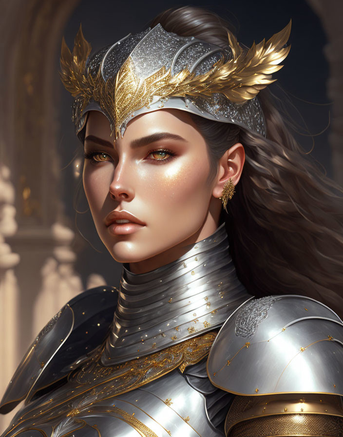 Regal woman in silver and gold armor with feather-like helmet