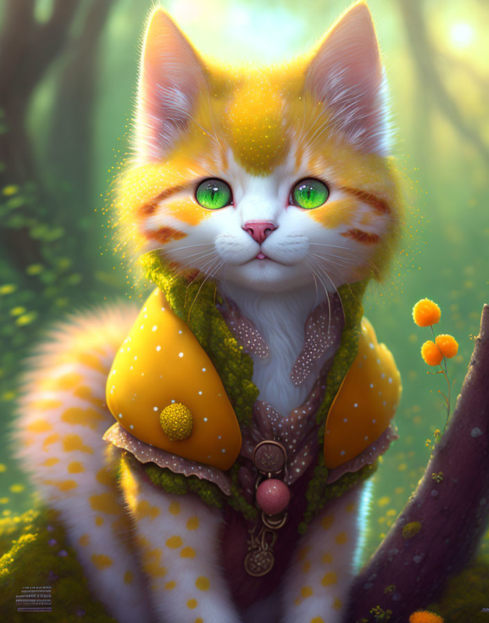 Colorful Cat Illustration in Magical Forest Setting