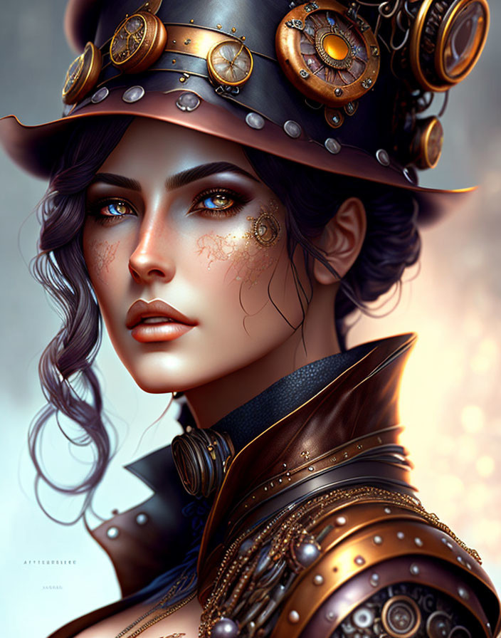 Purple-haired woman in steampunk attire with hat and goggles