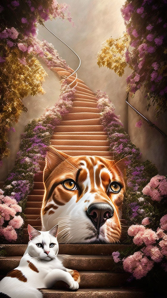 Large cat face merged with stairway and purple flowers, smaller cat below