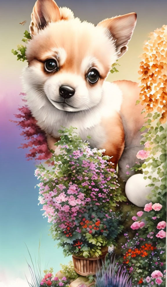 Brown and White Puppy Surrounded by Colorful Flowers