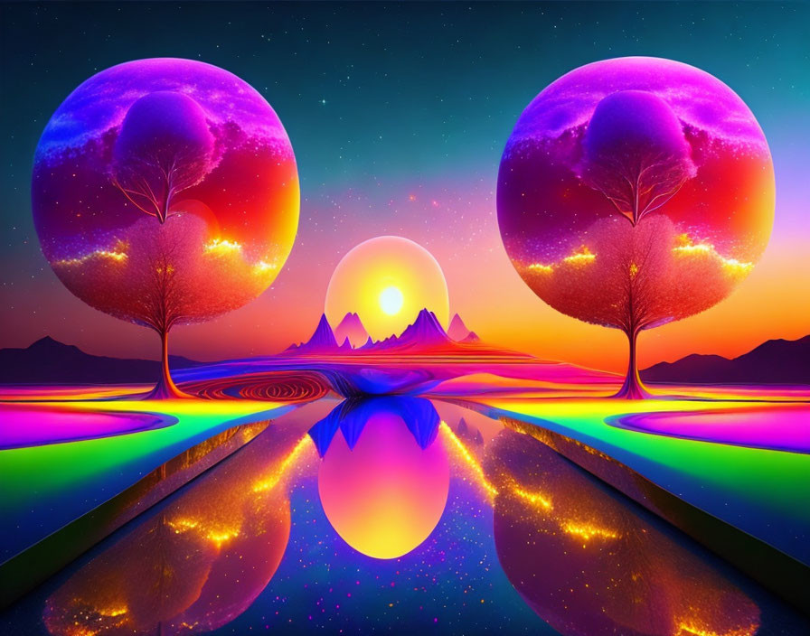 Surreal landscape with glowing purple orbs reflected in water