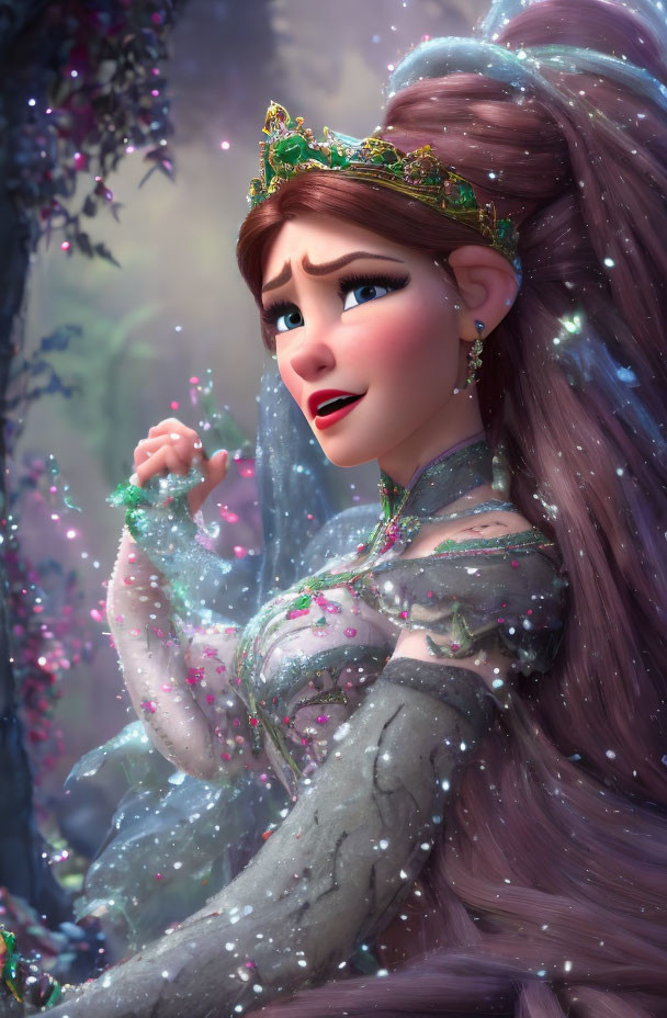 Animated princess with long flowing hair in mystical forest setting.