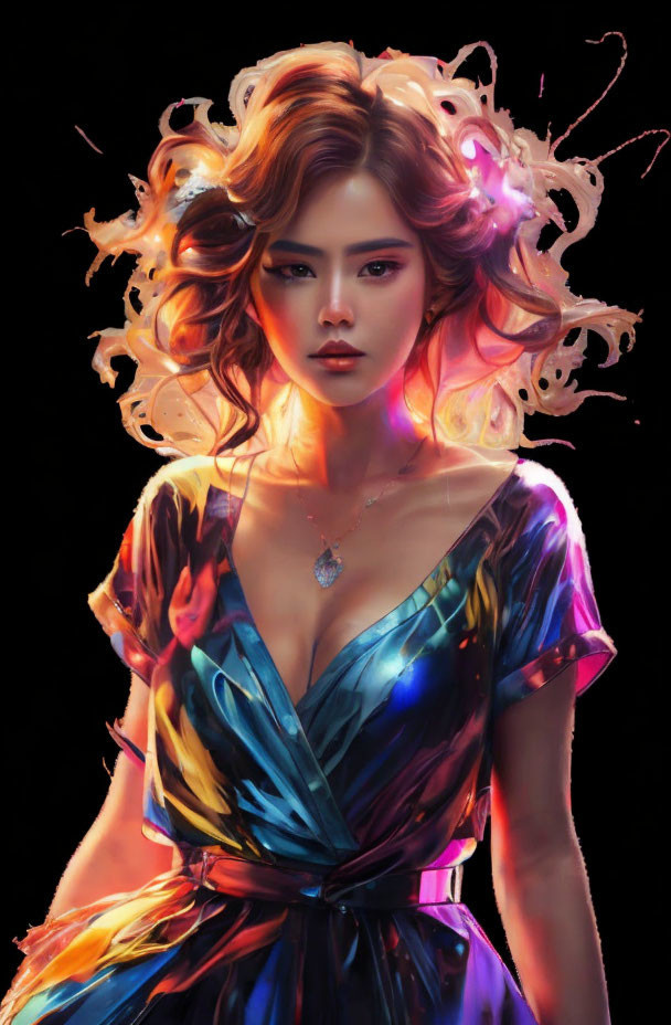 Digital artwork: Woman with fiery hair in orange and pink, satin dress with V-neck.