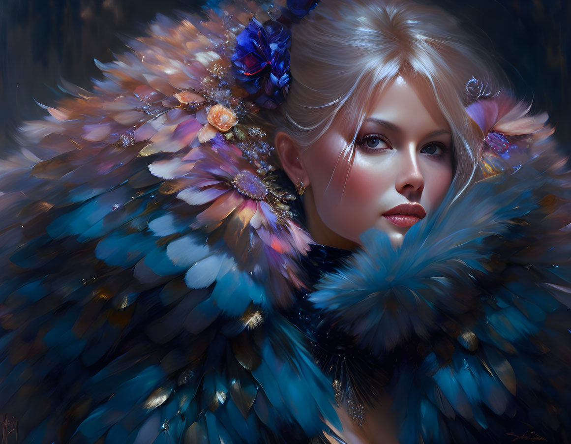 Digital painting of woman with blue eyes and blonde hair in iridescent feathered collar