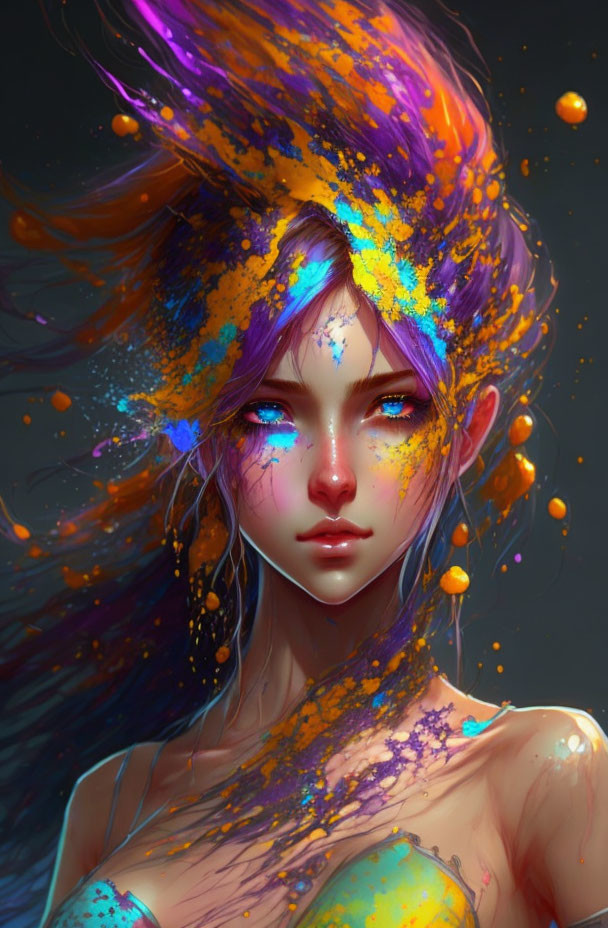 Colorful Paint Splashes Surrounding Woman with Flowing Hair