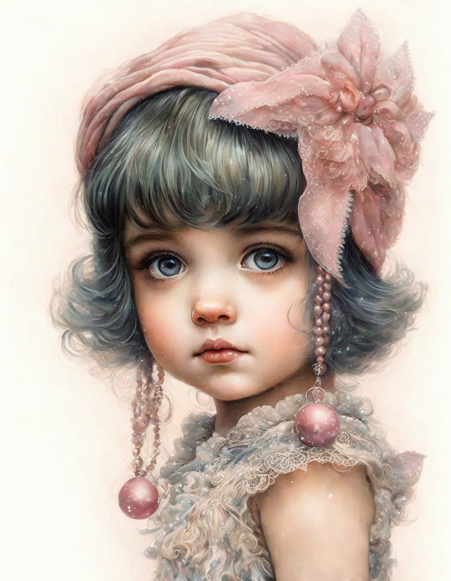 Young girl portrait: blue eyes, curly hair, pink headband, lace dress