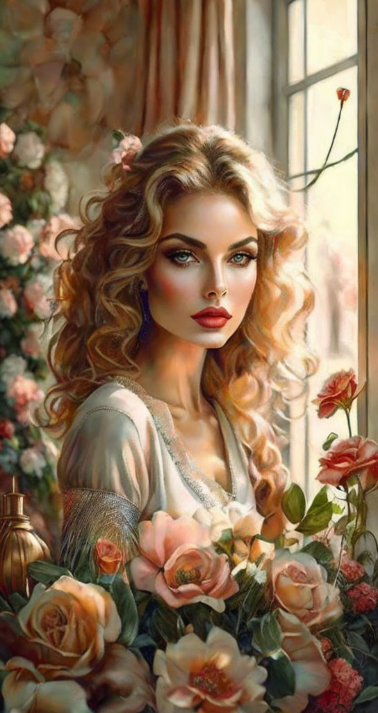 Illustration: Woman with curly hair and makeup in rose-filled vintage setting