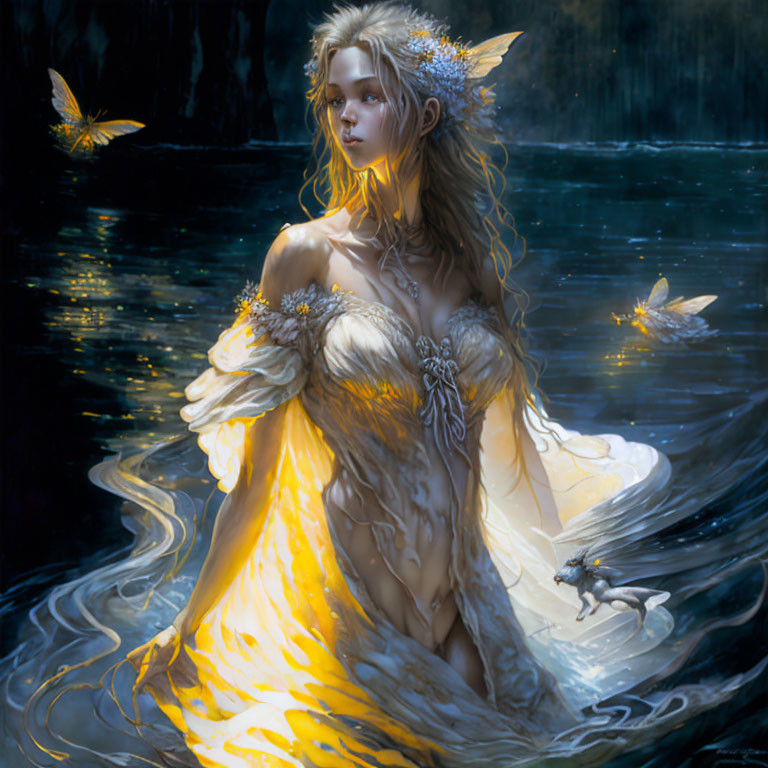 Ethereal woman in flowing attire surrounded by glowing butterflies