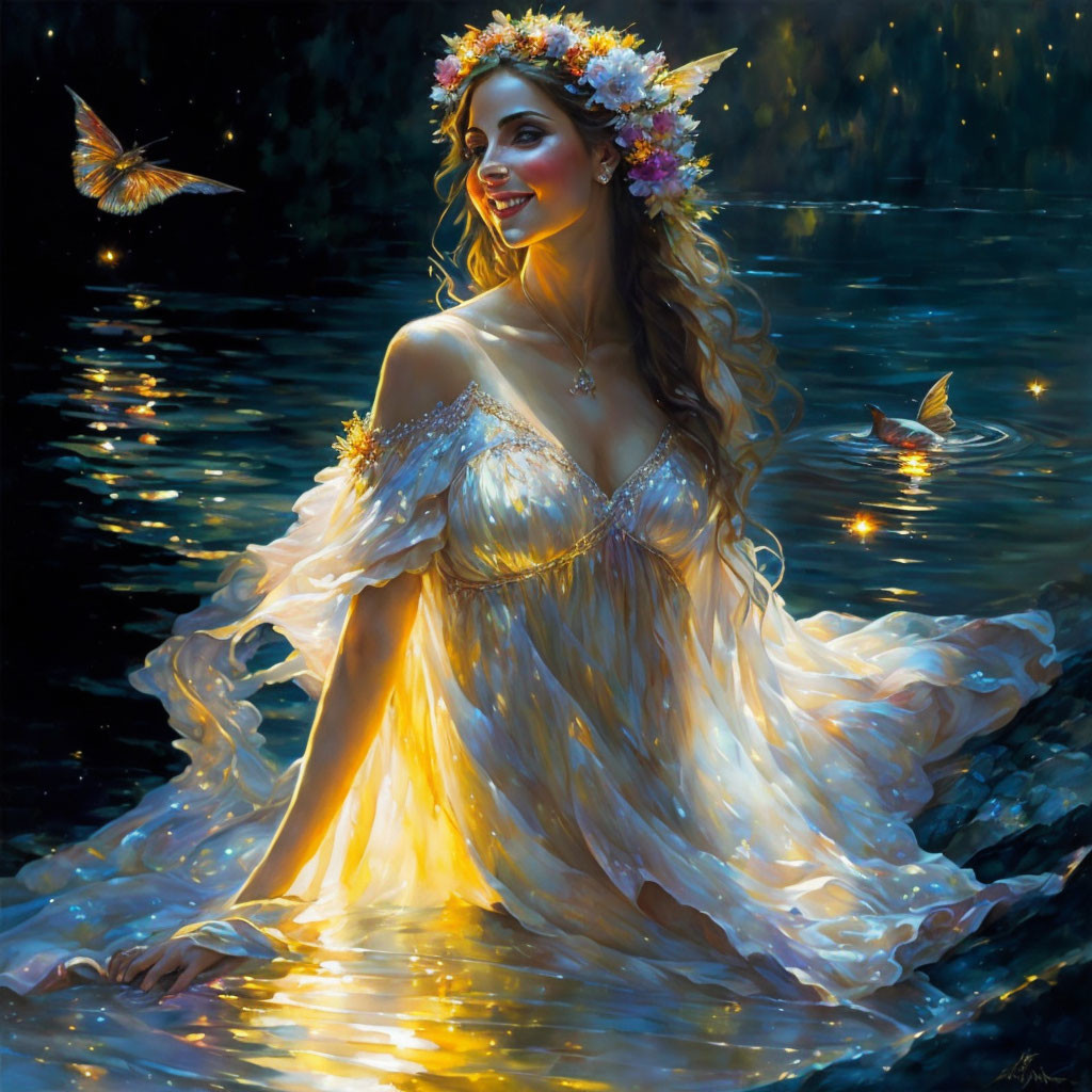 Woman in floral crown smiles in twilight with butterflies