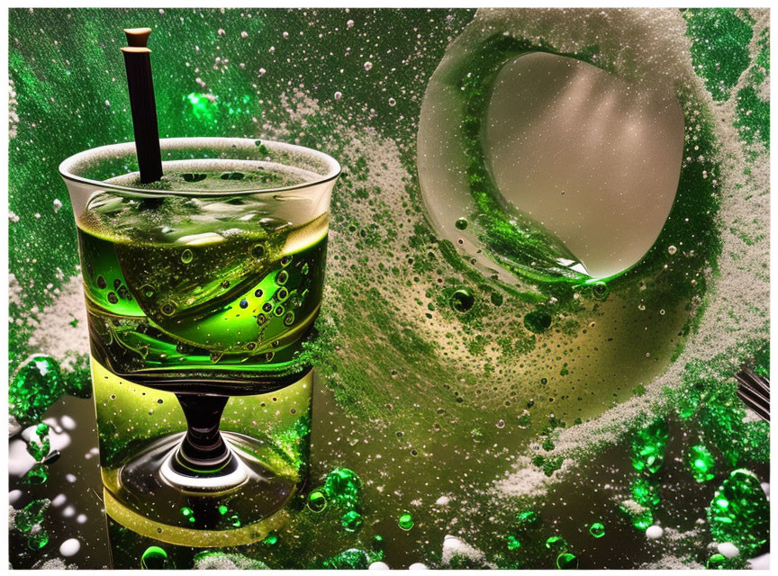 Colorful glass with green liquid and bubbles on abstract backdrop.