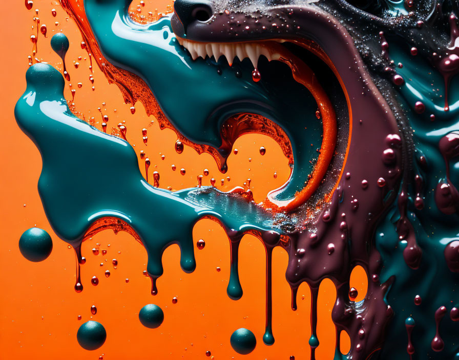 Abstract orange and teal swirls with glossy droplets depict dynamic movement.