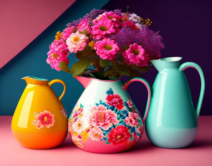 Pink flowers in white vase with yellow and turquoise pitchers on pink and purple background