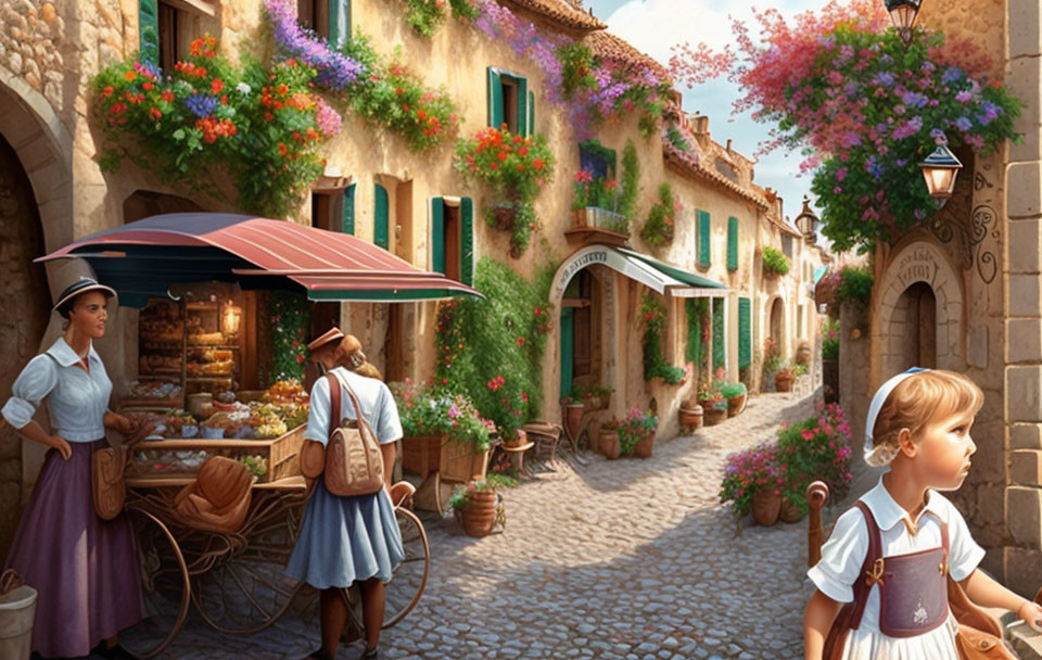 Colorful street scene with people, flowers, bakery stand, and cobblestone paths