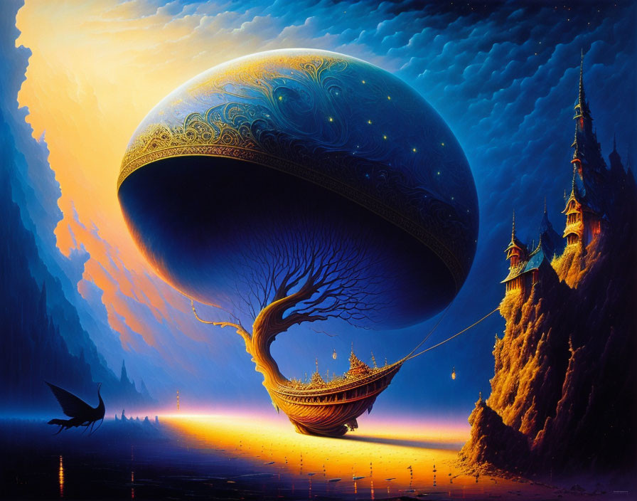 Surreal painting: ornate tree with city sphere, castles, sea, twilight sky