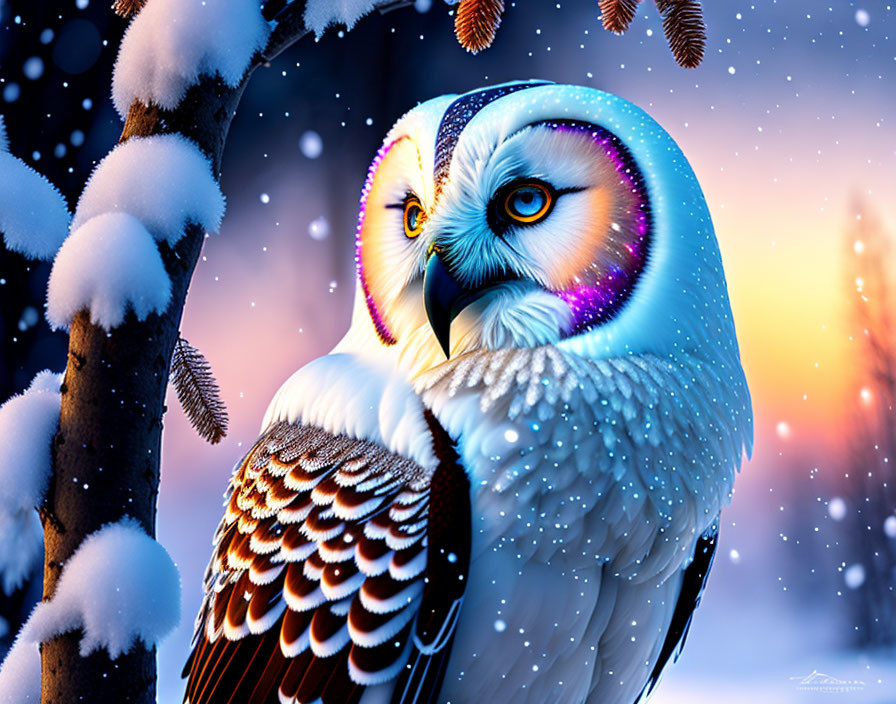 Snowy owl perched on branch in colorful sunset landscape