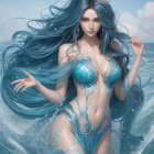 Mermaid with Blue Hair and Silvery Scales Emerges from Ocean Waves