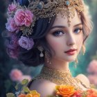 Digital artwork featuring woman in jeweled crown and golden attire against floral backdrop