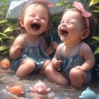 Animated Babies Laughing in Shallow Water with Pebbles and Bubbles