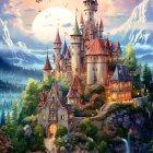 Fantasy castle with multiple spires on lush hillside at sunset