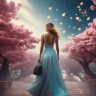 Woman in Blue Gown Walking Among Pink Blooming Trees