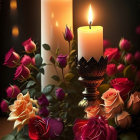 White candles with pink and peach roses on dark background