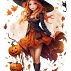 Vibrant witch with orange hair in purple and black costume among autumn leaves and bats