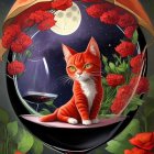 Orange Cat in Wine Glass with Cosmic Imagery