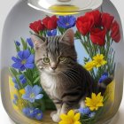 Tabby Cat in Glass Vase Surrounded by Red Tulips and Blue Irises